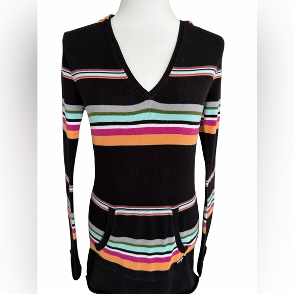 Roxy Hoodie Sweater M Black Multicolor Striped Long Sleeve Kangaroo Pocket Y2K - Picture 8 of 8